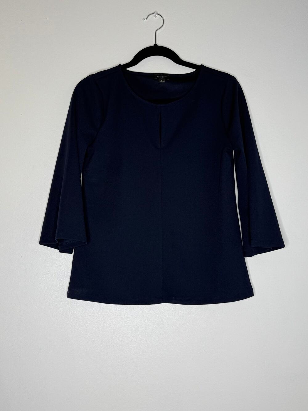 ANN TAYLOR Navy Blue Keyhole Neck 3/4 Bell Sleeve Top